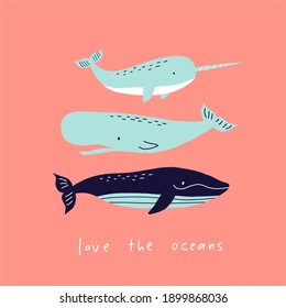 Cute wild Whale - Vector illustration. Cartoon whale, characters in scandinavian style for children. Lettering - love the oceans