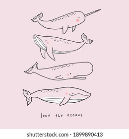 Cute wild Whale - Vector illustration. Cartoon whale, characters in scandinavian style for children. Lettering - love the oceans