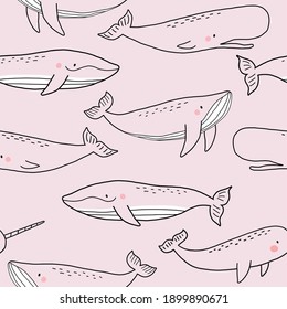 Cute wild Whale - Vector illustration. Cartoon whale, characters in scandinavian style for children. Seamless pattern with whale