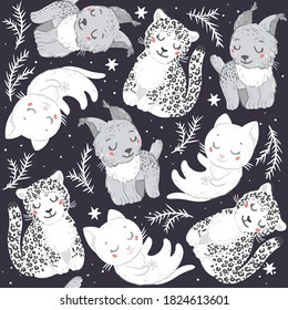 Cute wild white animals - snow leopard, lynx, cat. Seamless pattern with vector hand drawn illustrations on winter and slep theme