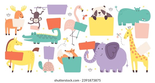 Cute wild zoo forest animals holding blank banners empty sign with copyspace for advertising or announcing text vector illustration. Collection of funny happy wildlife characters with billboard mockup