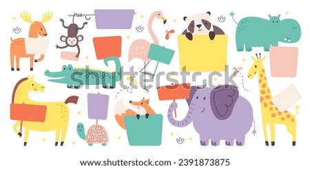 Cute wild zoo forest animals holding blank banners empty sign with copyspace for advertising or announcing text vector illustration. Collection of funny happy wildlife characters with billboard mockup
