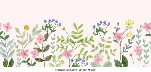 cute wildflower garden watercolor seamless border