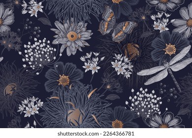 Cute wildflowers, butterflies and dragonflies seamless pattern. Flowers and insects. Vector art illustration. Navy blue background and gold foil printing. Floral pattern for textiles, paper, wallpaper