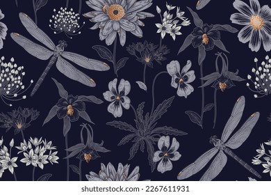 Cute wildflowers and dragonflies seamless pattern. Flowers, insects. Vector art illustration. Navy blue background and gold foil printing. Vintage Dark floral pattern for textiles, paper, wallpapers.