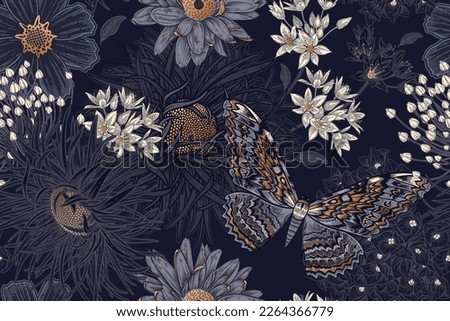 Cute wildflowers and night butterflies seamless pattern. Flowers and insects. Vector art illustration. Navy blue background and gold foil printing. Dark floral pattern for textiles, paper, wallpapers.