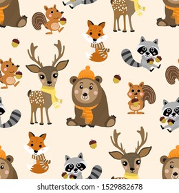 Cute wildlife animal in autumn seamless pattern and background. Bear, deer, squirrel, raccoon and fox in winter costume cartoon character. -Vector