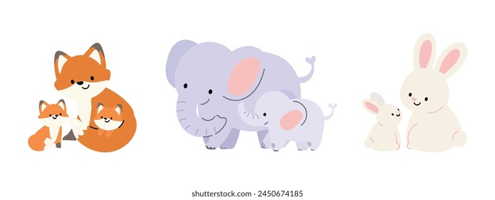 Lindo animal de la vida salvaje y bebés juego de Vector de carácter. Preciosa Colección de zorro, elefante, conejo, conejito en concepto de madre y bebé. Ilustración para Feliz Día de la Madre, Clipart, pegatina, cubierta.