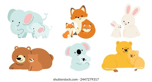 Cute Wildlife Animal and their babies character vector set. Lovely Collection of fox, koala, bears, elephant, lion, rabbit in mother and baby concept. Illustration for Happy Mother's day, clipart.