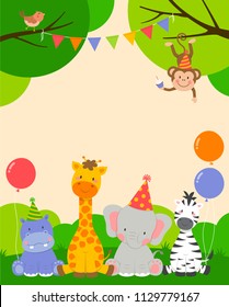 Cute wildlife animals cartoon illustration for party invitation card template