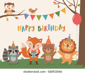 Cute wildlife animals cartoon illustration for birthday invitation or greeting card design template