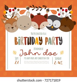 Cute wildlife animals cartoon illustration for birthday invitation or greeting card design template. Forest concept