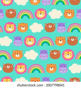 Cute wildlife animals face with rainbow and cloud seamless pattern background.