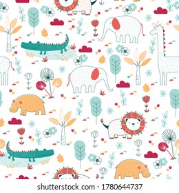 Cute wildlife animals seamless pattern cartoon on white background