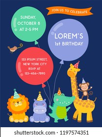 Cute wildlife cartoon animals with big balloons for kids party invitation card template.