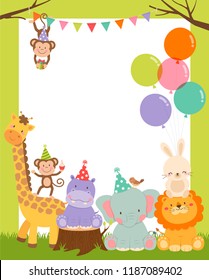 Cute wildlife cartoon animals border design for party invitation card template