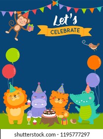 Cute wildlife cartoon animals border design for kids party invitation card template.