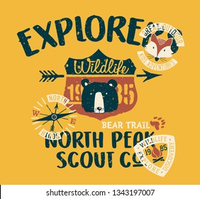 Cute Wildlife explorer scout company  vintage vector print for children wear 