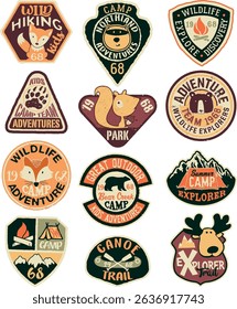 Cute wildlife outdoor adventure explorers badges collection vector labels for children baby kids wear shirt sweatshirt pajamas print or embroidery