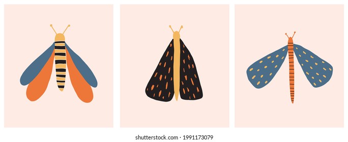 Ilustración de vectores de vida silvestre con mariposas, libélulas y polillas aisladas en un fondo rosa turbio y suave. Impresión sencilla de guardería ideal para arte de pared, afiche, tarjeta, decoración.