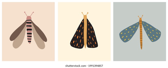 Cute Wildlife Vector Illustration with Little Butterflies, Dragonflies and Moths Isolated on a Pale Green, Yellow and Brown Background. Simple Nursery Print ideal for Wall Art,Poster,Card, Decoration.