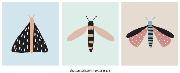 Cute Wildlife Vector Illustration with Little Butterflies, Dragonflies and Moths Isolated on a Blue, Mint Green and Beige Background. Simple Nursery Print ideal for Wall Art, Poster, Card, Decoration.