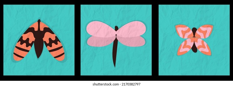 Cute Wildlife Vector Illustration with Little Butterflies, Dragonflies and Moths  on a Blue Paper Background. Simple Nursery Print ideal for Wall Art, Poster, Card, Decoration.