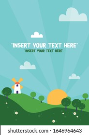 Cute windmill landscape poster layout. Vector illustration.