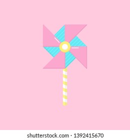 Cute windmill vector graphic illustration icon. Hand drawn paper windmill toy, isolated on light pink background.