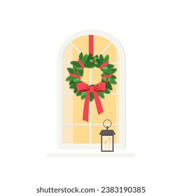 Cute window decorated with Christmas wreath and candlestick, isolated on white background. Exterior concept for house. Cartoon flat style. Vector illustration