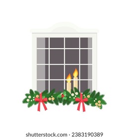 Cute window decorated with fir branches, isolated on white background. Exterior concept for house. Cartoon flat style. Vector illustration