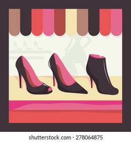 A cute window display of shoes of a shop vector illustration.