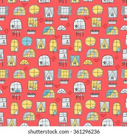 Cute windows seamless pattern. Funny cats and dogs image. Vector tile illustration for your fabric textile, wrapping page or wallpaper. 