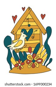 Cute windy illustration with birdhouse and bird in cartoon style. 