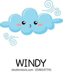 Cute windy weather learning. Learning weather, forecast vocabulary for children with cute weather Emotions. Cartoon vector illustration.