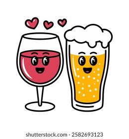 Cute Wine and Beer Glasses Couple with Hearts