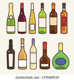 Cute wine bottle in different shapes: red, white, rose, sparkling, dessert. Alcohol grapes farm product icon vector illustration flat design drawing.