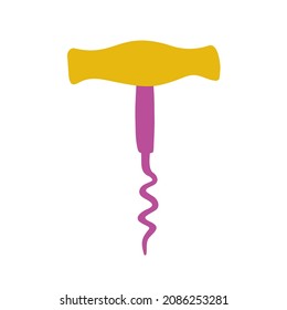 Cute wine corkscrew icon or sticker. Vector flat hand drawn illustration in cartoon style