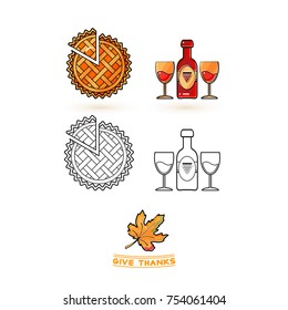 Cute wine, leaf and pie. Thanksgiving icons set.  Linear and colorful icons isolated on white.