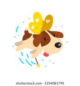 Cute winged beagle dog with a magic wand, fantasy fairy tale animal cartoon character vector Illustration