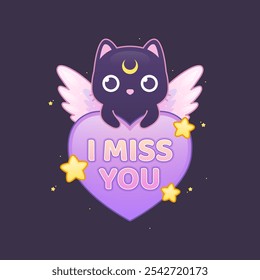 cute winged cat holding i miss you heart illustration