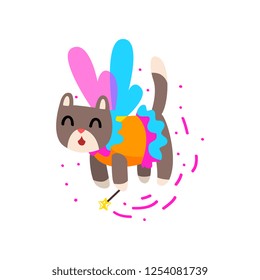 Cute winged cat with a magic wand, fantasy fairy tale animal cartoon character vector Illustration