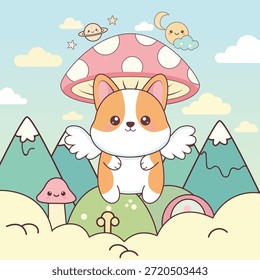 Lindo perro corgi alado volando bajo un hongo gigante en un paisaje de montaña de fantasía.