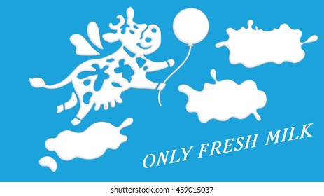 Cute winged cow flying among milk clouds.
