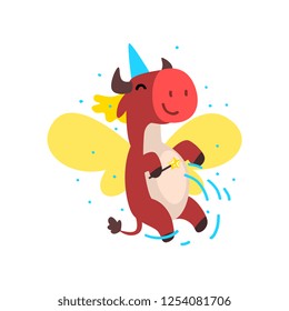 Cute winged cow flying with a magic wand, fantasy fairy tale animal cartoon character vector Illustration