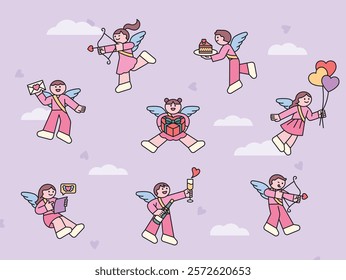 Cute winged Cupid characters. They are holding romantic gifts or shooting arrows of love.