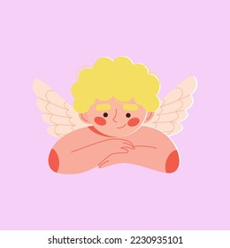 Cute Flügeldrachenjacke sitzend für St. Valentinstag. 14. Februar. Romantischer Amur, der Herz hält, kleine Engel. Zeichentrickfigur, Vektorgrafik.
