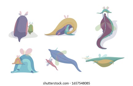 Cute Winged Dragons Playing with Their Cubs Vector Set