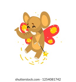 Cute winged elephant with a magic wand, fantasy fairy tale animal cartoon character vector Illustration