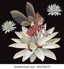 Cute winged fairy. Hand drawn vector illustration. Can be used for baby t-shirt print, fashion print design, kids wear, baby shower celebration greeting and invitation card